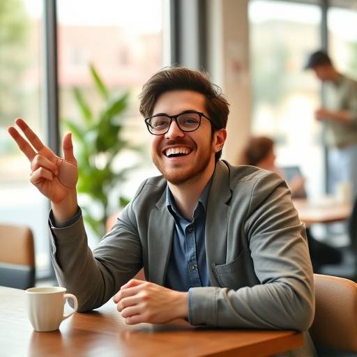 Job seeker celebrating their new job at a coffee shop